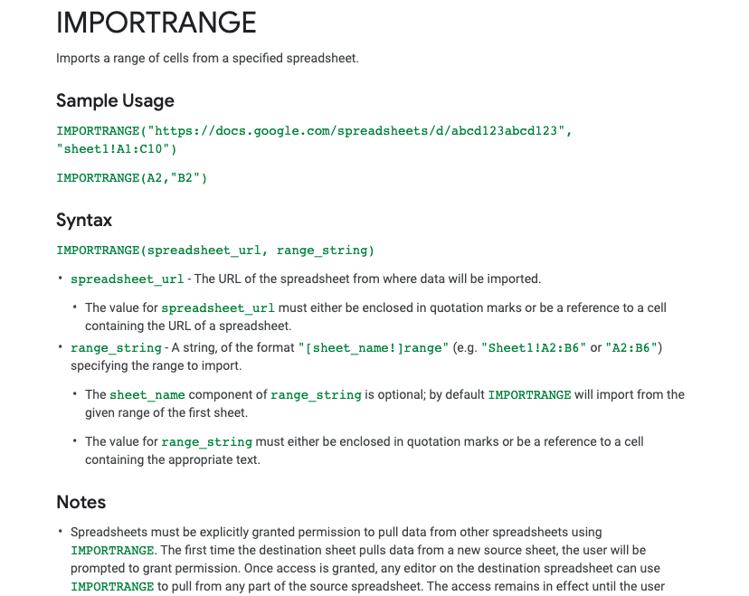 Image: Snippet from Help Article - IMPORTRANGE Imports a range of cells from a specified spreadsheet.